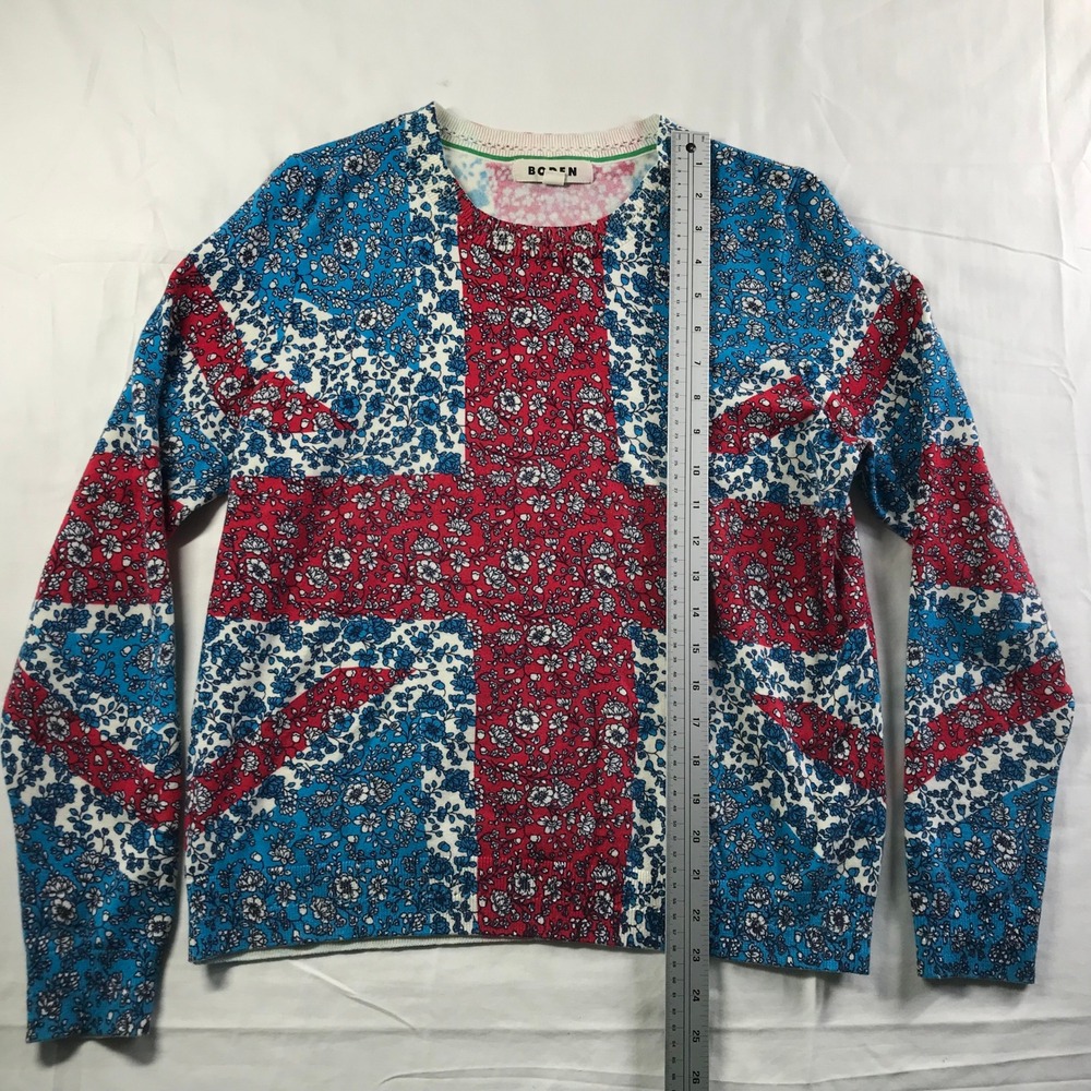 Boden Womens Floral Union Jack Crewneck Sweater Red Blue White Cotton Blend L - Picture 2 of 6